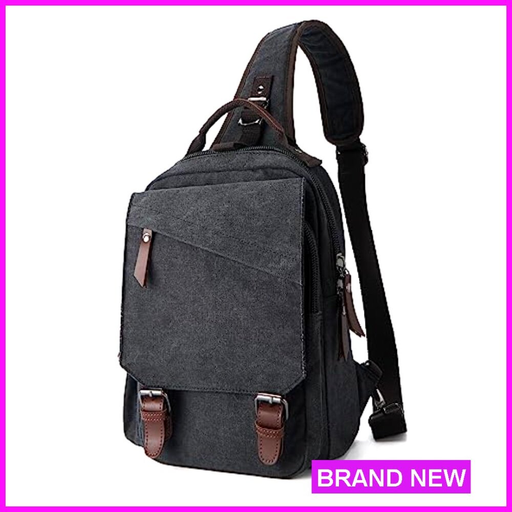Canvas Messenger Bag Crossbody Backpack 11 Pockets Laptop Compatible Unisex - Picture 4 of 7